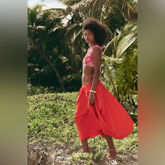 Free People Free-est Lowen Summer Cotton Midi Skirt in Cherry Red size Large - Picture 3 of 13